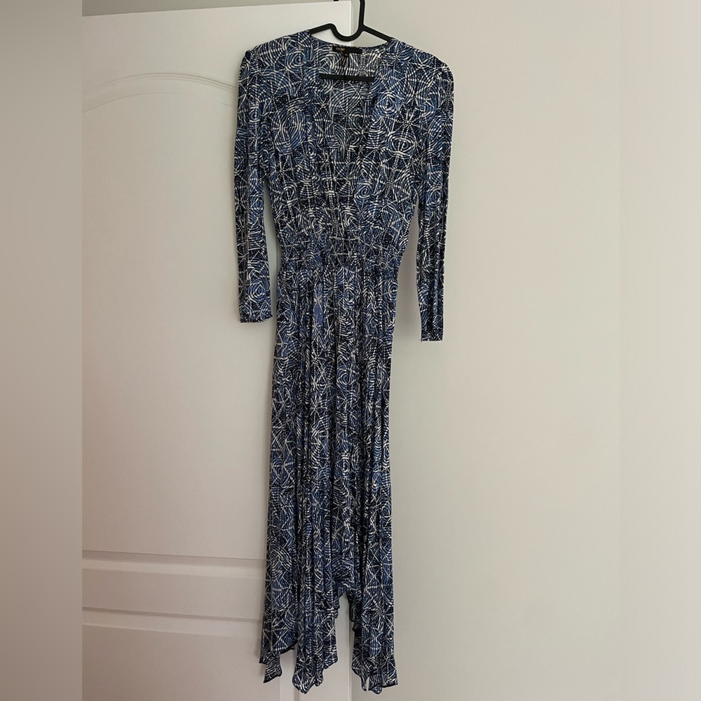 Maje Asymmetrical Blue Geometric Long Sleeve Dress